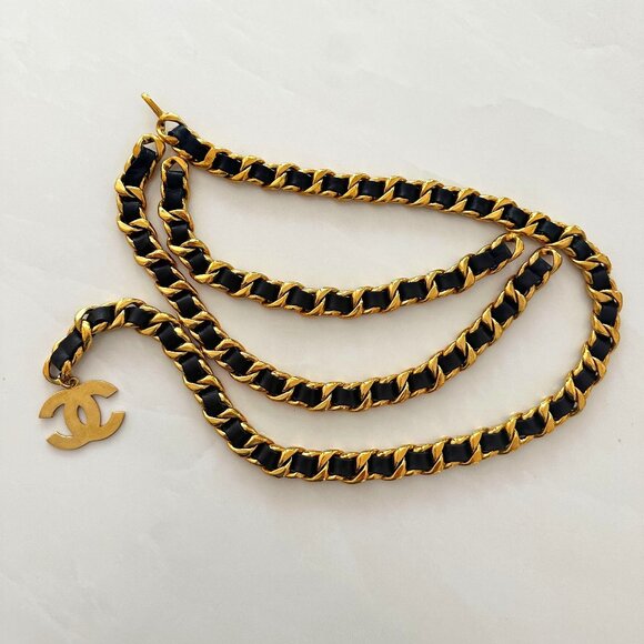 CHANEL Accessories - Chanel Black Leather and Gold Braided Triple Row Belt (AUTHENTIC)